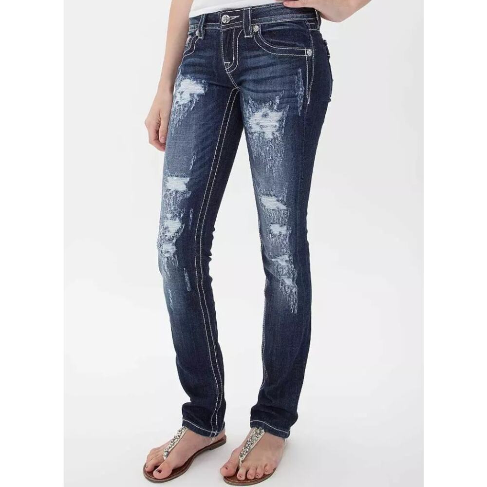 Miss Me Beaded Packet Distressed Straight Denim Jeans - 26 - Pre-Owned